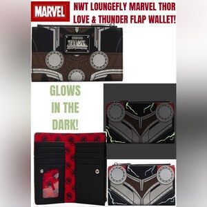 NWT LOUNGEFLY THOR LOVE AND THUNDER FLAP WALLET! AWESOME SPECS! GLOWS IN DARK!